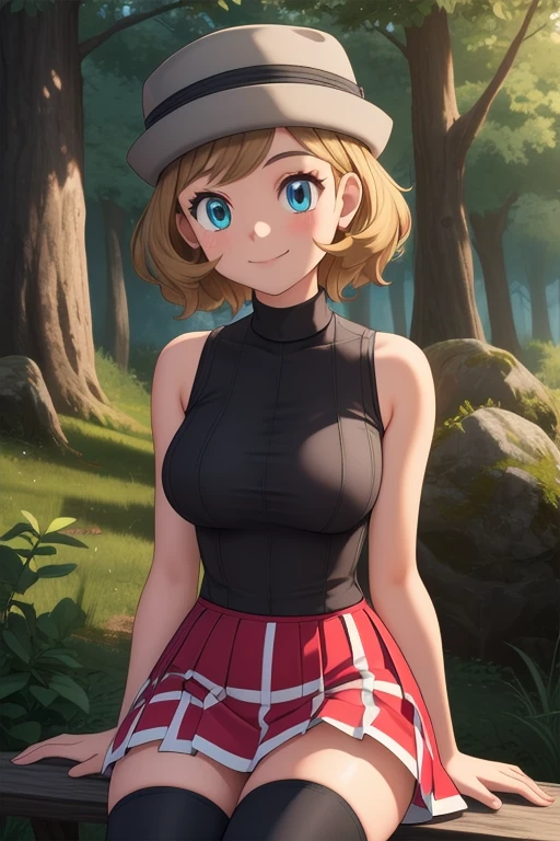 pkmnserena, 1girl, solo, blue eyes, blonde hair, short hair, bangs, hat, grey headwear,
black shirt, turtleneck, sleeveless, red skirt, pleated skirt, black thighhighs,
smile,closed mouth,cowboy shot,sitting,
forest,outdoor,
(insanely detailed, beautiful detailed face, masterpiece, best quality) cinematic lighting,