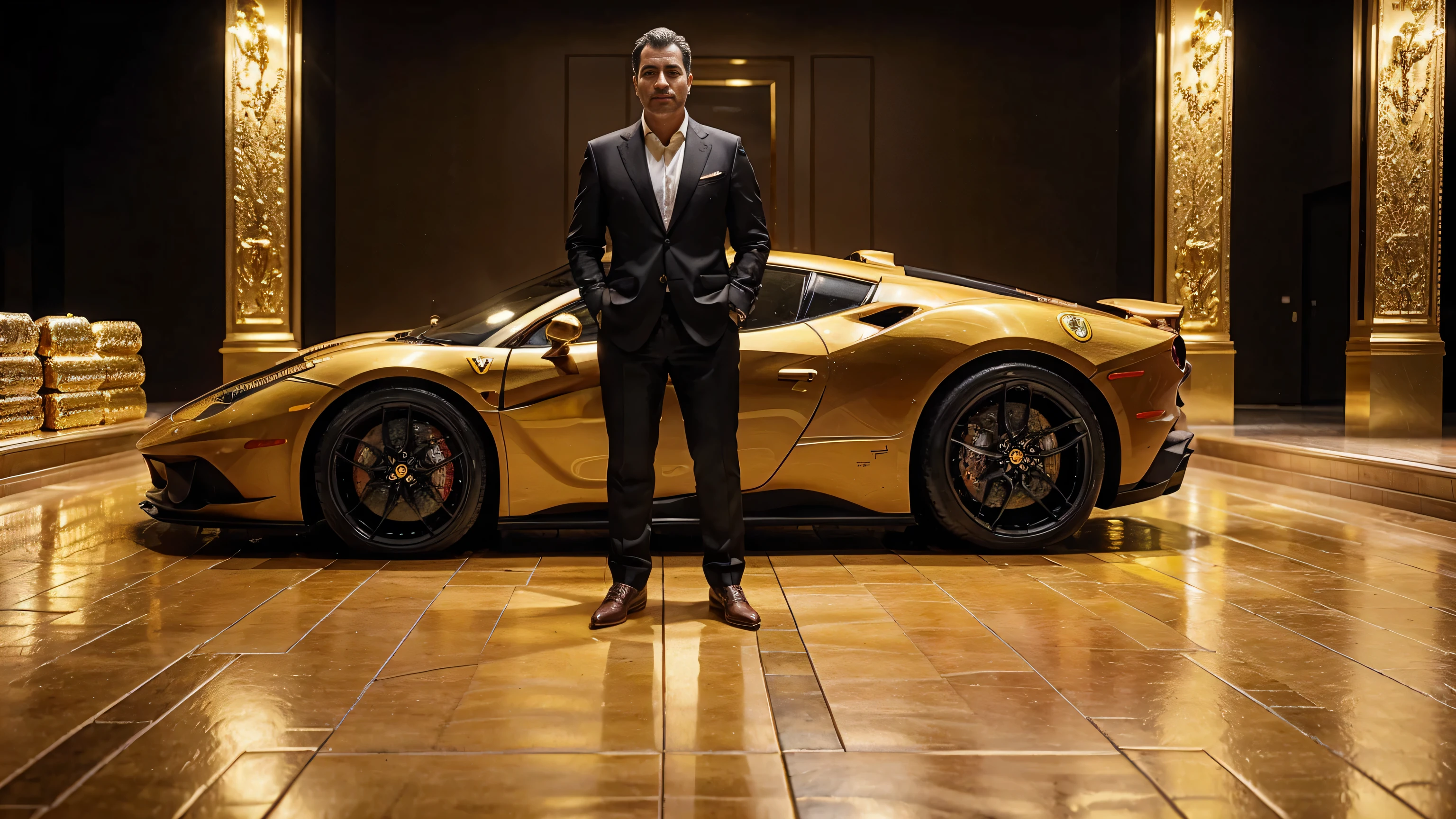 A millionaire investor in front of a Ferrari, full of gold bars and jewels, floor made of gold bars, ultra realistic image, high level of detail, 8k, hyper realism, bright and intense colors.