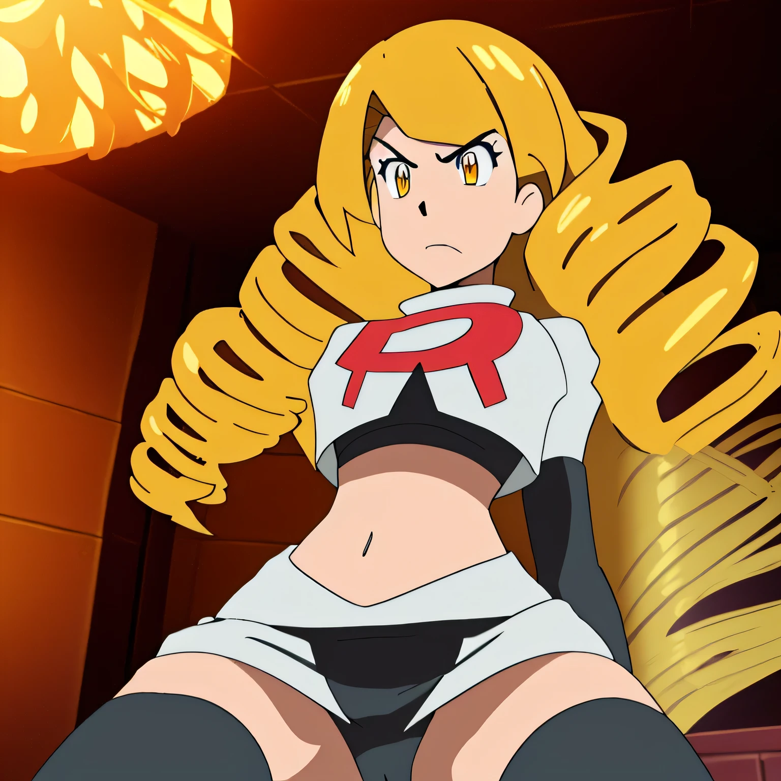((team rocket uniform,red letter r,white skirt,white crop top,black thigh-high boots,black elbow gloves,glaring angrily,looking down at viewer,hands on hips,from below)),(best quality,4k,8k,highres,masterpiece:1.2),ultra-detailed,(realistic,photorealistic,photo-realistic:1.37),((HDR,UHD,studio lighting,extreme detail description,professional,portraits,red color scheme,dramatic lighting)),{{sexy squat on toilet, spread legs,black panties,Mariabell Crois, yellow hair, drill hair, twin drills, (long hair:1.1), very long hair,, hair ornament, orange eyes,UHD}}