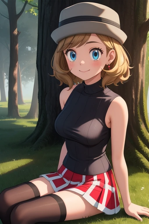 pkmnserena, 1girl, solo, blue eyes, blonde hair, short hair, bangs, hat, grey headwear,
black shirt, turtleneck, sleeveless, red skirt, pleated skirt, black thighhighs,
smile,closed mouth,cowboy shot,sitting,
forest,outdoor,
(insanely detailed, beautiful detailed face, masterpiece, best quality) cinematic lighting, blowjob, oral sex, penis in mouth, hard cock in mouth,  sperm on face, cum on face, cumshot on face, facefuck, deepthroat, cum on face, sperm on face, throatpie