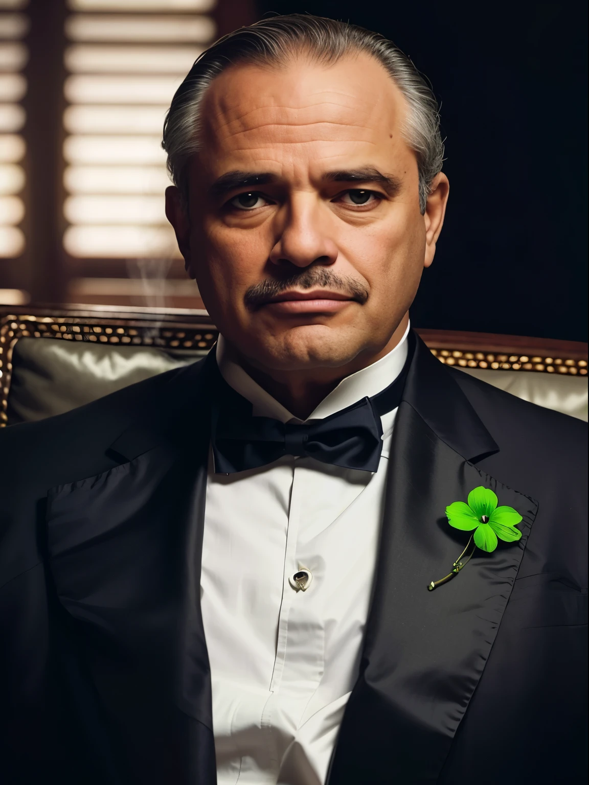 Um close de um homem de smoking com uma flor na lapela, such as O padrinho, O padrinho, scene from the movie O padrinho, Terno verde e gravata borboleta, epic and elegant portrait, Obra-prima 4k, Obra-prima 4k, Foto do perfil,