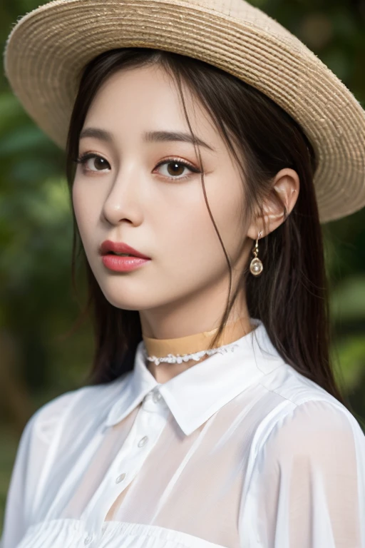 masterpiece、Ultra HD、distinct、RAW UHD format、Detailed skin and eyes、Droopy eyes、A beautiful woman 、Reality Photos、choker、Vietnamese white collared dress and hat、beautiful woman with droopy eyes
