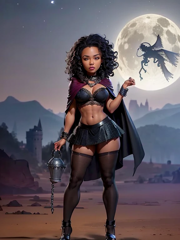 ((18-year-old))), black girl, (((light skin))), (((full body pose))), (((long curly black hair))), (((wearing tight chainmail micromini skirt, chainmail bra, open front cloak, wings))), (((seamless, black, pantyhose))), standing in the dark woods at night, moonlight shining through the dense canopy, (((wizard tower in the background))), dark fantasy, Gothic, Rich, Deep Colours, (intricate details:0.9), (HDR, hyper-detailing:1.2), (natural skin textures, hyper realisitc, glistening skin, soft light, Sharp),
