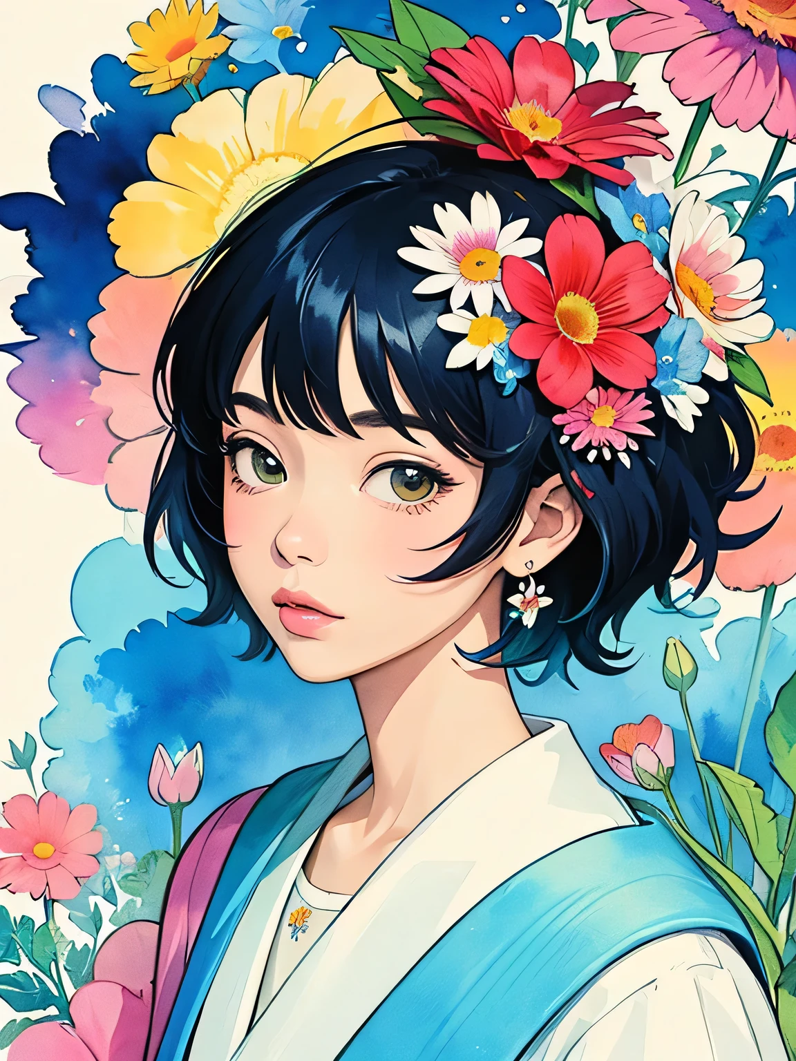 Hiromi Matsuo Style、(((stylish fashion))), 8K Quality、Intense watercolor, Detailed watercolor art, Watercolor splash, Surreal, avant-garde pop art, Beautiful and expressive paintings, Beautiful artwork illustration, Very colorful tones, wonderful, Cool beauty, highest quality、Official Art, Vector art, Stylish design, (((The most beautiful girl))), (((highest quality))), HDR, ((detailed)), (((Doodle Art)), ((masterpiece)), ((Super detailed)), (((Colorful flowers))),(((Stylish))),
