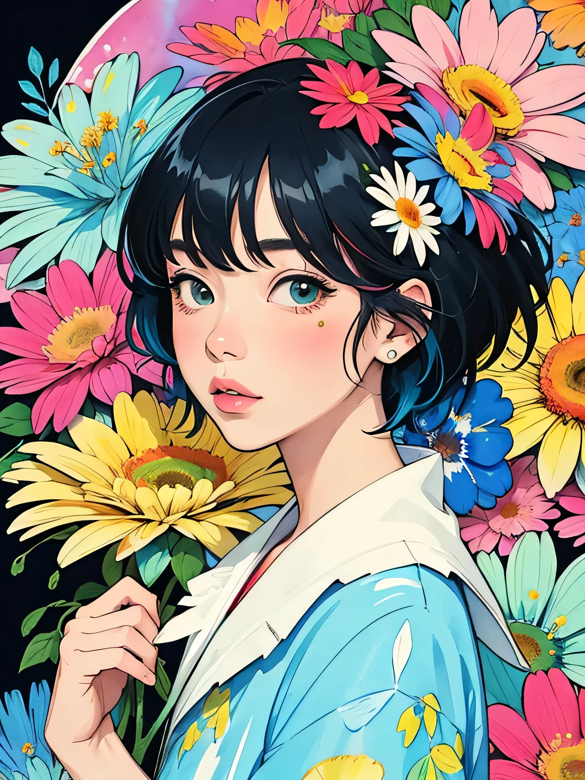 Hiromi Matsuo Style、(((stylish fashion))), 8K Quality、Intense watercolor, Detailed watercolor art, Watercolor splash, Surreal, avant-garde pop art, Beautiful and expressive paintings, Beautiful artwork illustration, Very colorful tones, wonderful, Cool beauty, highest quality、Official Art, Vector art, Stylish design, (((The most beautiful girl))), (((highest quality))), HDR, ((detailed)), (((Doodle Art)), ((masterpiece)), ((Super detailed)), (((Colorful flowers))),(((Stylish))),