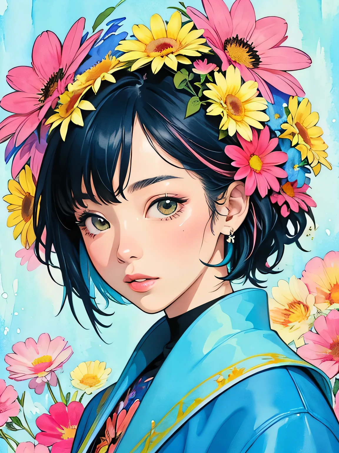 Hiromi Matsuo Style、(((stylish fashion))), 8K Quality、Intense watercolor, Detailed watercolor art, Watercolor splash, Surreal, avant-garde pop art, Beautiful and expressive paintings, Beautiful artwork illustration, Very colorful tones, wonderful, Cool beauty, highest quality、Official Art, Vector art, Stylish design, (((The most beautiful girl))), (((highest quality))), HDR, ((detailed)), (((Doodle Art)), ((masterpiece)), ((Super detailed)), (((Colorful flowers))),(((Stylish))),