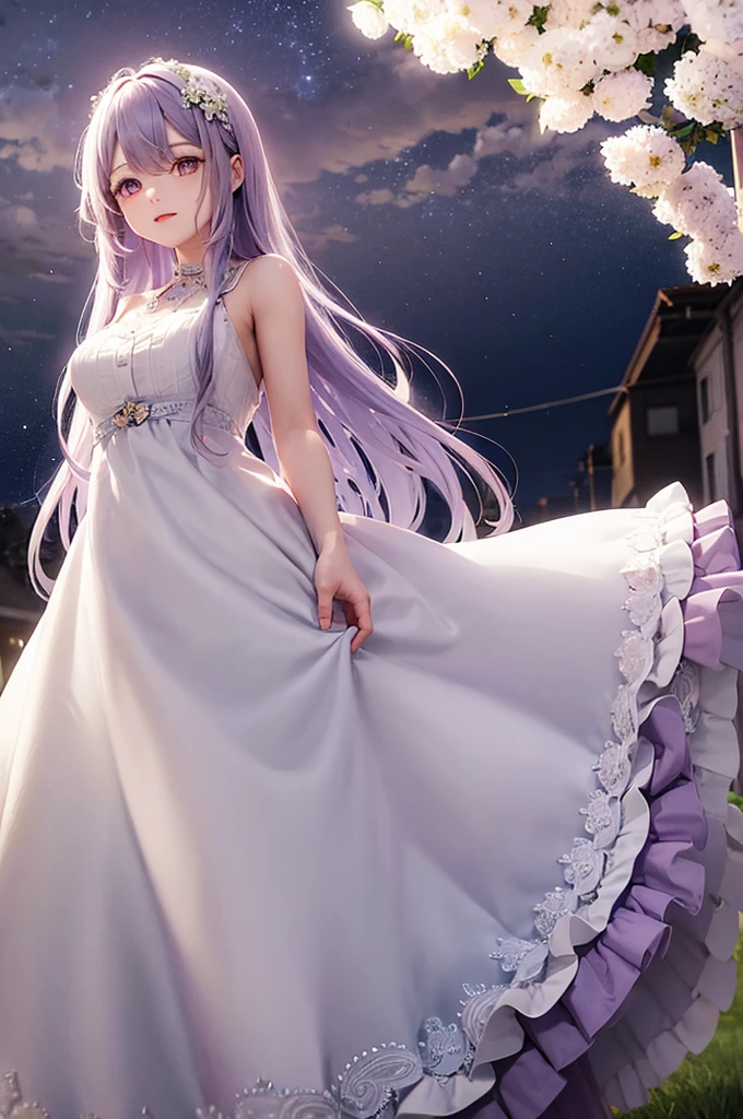 Pastel purple hair Wavy Long Hair Purple Eyes Beauty wedding White Dress has white flowers Night Sky