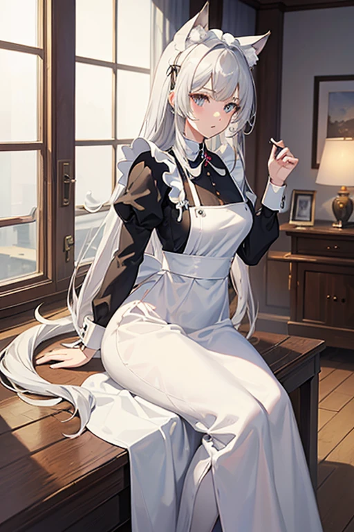 masterpiece, highest quality, High resolution,Anime Style、Silver Hair、Wolf ears and tail、long、Maid clothes、