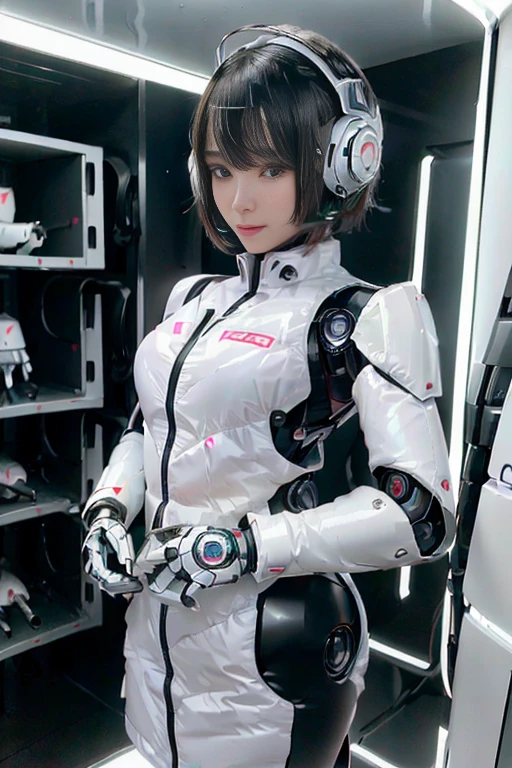 A girl in a futuristic bright white heavily armored robot suit takes a photo、perfect android girl, Female cyborg body, Perfect anime cyborg woman, Beautiful female android!, Female Robot, completely robot!! girl, Cute cyborg girl, Cyber Suit, Girl wearing mecha cybernetic armor, Cyber Suit, beutiful white girl cyborg, Beautiful female android, Beautiful girl cyborg、Cute cyborg girl with short bob hair、Beautiful android sculpture model、(Laughter)、((Rounded, white, sturdy armor))、(((Equipped with long sensor antennas on both ears)))、(((Robot Girl)))、(((Android girls)))、