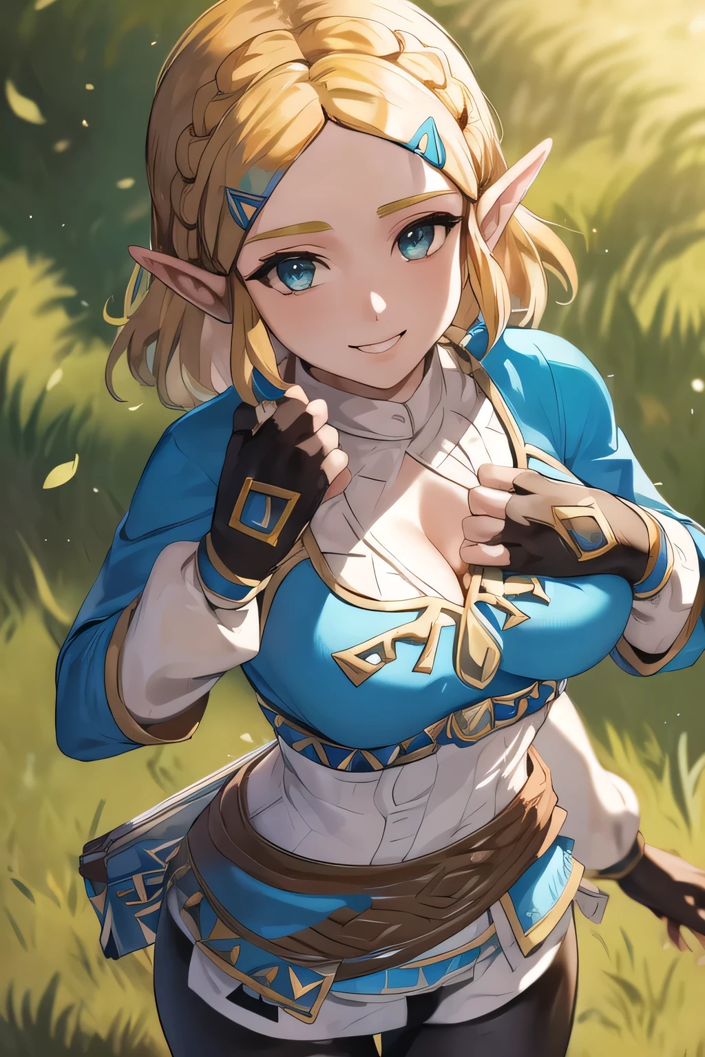 (((zelda from the legend of zelda))), Artwork, best quality, high resolution, aazelda, short hair, crown braid, hair clip, Pointy ears, brown cape, blue shirt, puff sleeves, long sleeves, fingerless gloves, black gloves, black pants, tight pants , standing, cowboy shot, smile, outdoors, high quality, 35mm photography, film grain , Bokeh, Professional, (sensual pose), ((viewer looking from below)), (very kawai), (perfect), (cute anime), 4k high definition, (giant breasts), (cleavage), ((showing breasts)), (breasts shining)