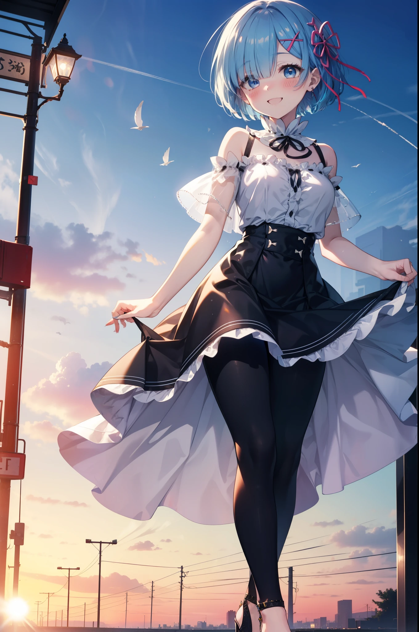 rezeroRem, Rem, blue eyes, Blue Hair, hair ornaments, Hair on one eye, hair ribbon, short hair, x hair ornaments,happy smile, smile, Open your mouth,blush,Short sleeve,Cold shoulder dress,skinny pants,Stiletto heels,morning,morning陽,The sun is rising,Walking,whole bodyがイラストに入るように,
break outdoors, In town,Building district,
break looking at viewer, whole body,
break (masterpiece:1.2), highest quality, High resolution, unity 8k wallpaper, (figure:0.8), (Beautiful fine details:1.6), extRemely detailed face, Perfect lighting, extRemely detailed CG, (Perfect hands, Perfect Anatomy),