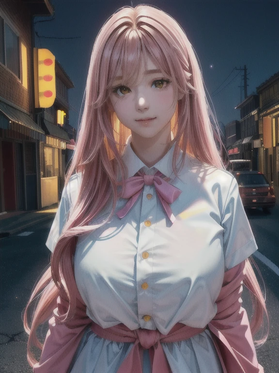 One girl, Long pink hair, Red Corner, White collared shirt, Black tie, A light smile, Yellow Eyes, Keratinous_force,, building,shop,Town Street, Dark Sky, scenery,Neon Signs,Night City, Japanese lyrics,, , Absurd, Fine grain, Very detailed, Volumetric lighting, Realistic, Realistic lighting, 8k, Cinema Lighting, Depth of written boundary, perfection, Super detailedな, photoRealistic, ultra Realistic, Realistic light, hard lighting, Intricate details, stop-motion, Tone Mapping, Sharp focus, Super detailed,