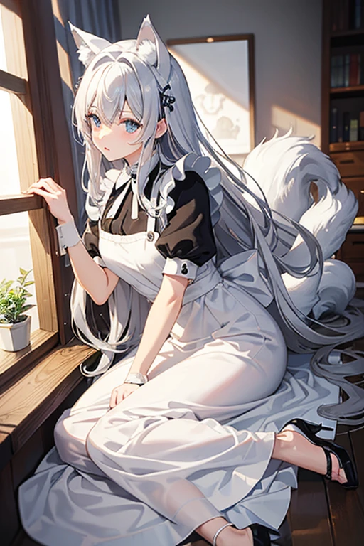 masterpiece, highest quality, High resolution,Anime Style、Silver Hair、Wolf ears and tail、long、Maid clothes、
