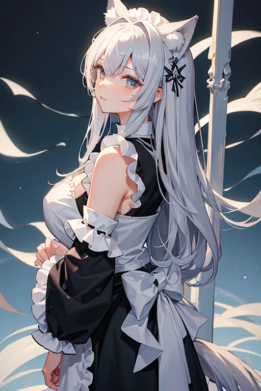masterpiece, highest quality, High resolution,Anime Style、Silver Hair、Wolf ears and a thick tail、long、Maid clothes、