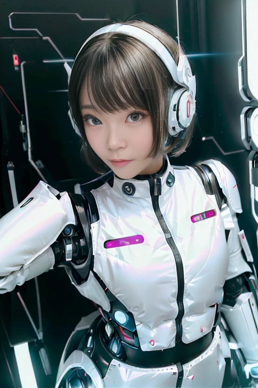 A girl in a futuristic bright white heavily armored robot suit takes a photo、perfect android girl, Female cyborg body, Perfect anime cyborg woman, Beautiful female android!, Female Robot, completely robot!! girl, Cute cyborg girl, Cyber Suit, Girl wearing mecha cybernetic armor, Cyber Suit, beutiful white girl cyborg, Beautiful female android, Beautiful girl cyborg、Cute cyborg girl with short bob hair、Beautiful android sculpture model、(Laughter)、((Rounded, white, sturdy armor))、(((Equipped with long sensor antennas on both ears)))、(((Robot Girl)))、(((Android girls)))、