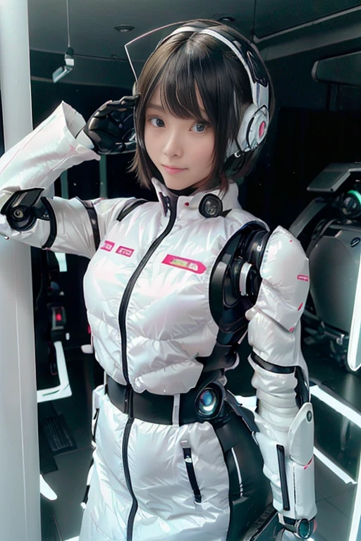 A girl in a futuristic bright white heavily armored robot suit takes a photo、perfect android girl, Female cyborg body, Perfect anime cyborg woman, Beautiful female android!, Female Robot, completely robot!! girl, Cute cyborg girl, Cyber Suit, Girl wearing mecha cybernetic armor, Cyber Suit, beutiful white girl cyborg, Beautiful female android, Beautiful girl cyborg、Cute cyborg girl with short bob hair、Beautiful android sculpture model、(Laughter)、((Rounded, white, sturdy armor))、(((Equipped with long sensor antennas on both ears)))、(((Robot Girl)))、(((Android girls)))、