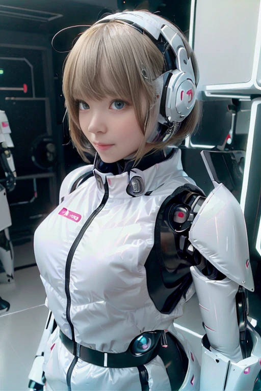 A girl in a futuristic bright white heavily armored robot suit takes a photo、perfect android girl, Female cyborg body, Perfect anime cyborg woman, Beautiful female android!, Female Robot, completely robot!! girl, Cute cyborg girl, Cyber Suit, Girl wearing mecha cybernetic armor, Cyber Suit, beutiful white girl cyborg, Beautiful female android, Beautiful girl cyborg、Cute cyborg girl with short bob hair、Beautiful android sculpture model、(Laughter)、((Rounded, white, sturdy armor))、(((Equipped with long sensor antennas on both ears)))、(((Robot Girl)))、(((Android girls)))、