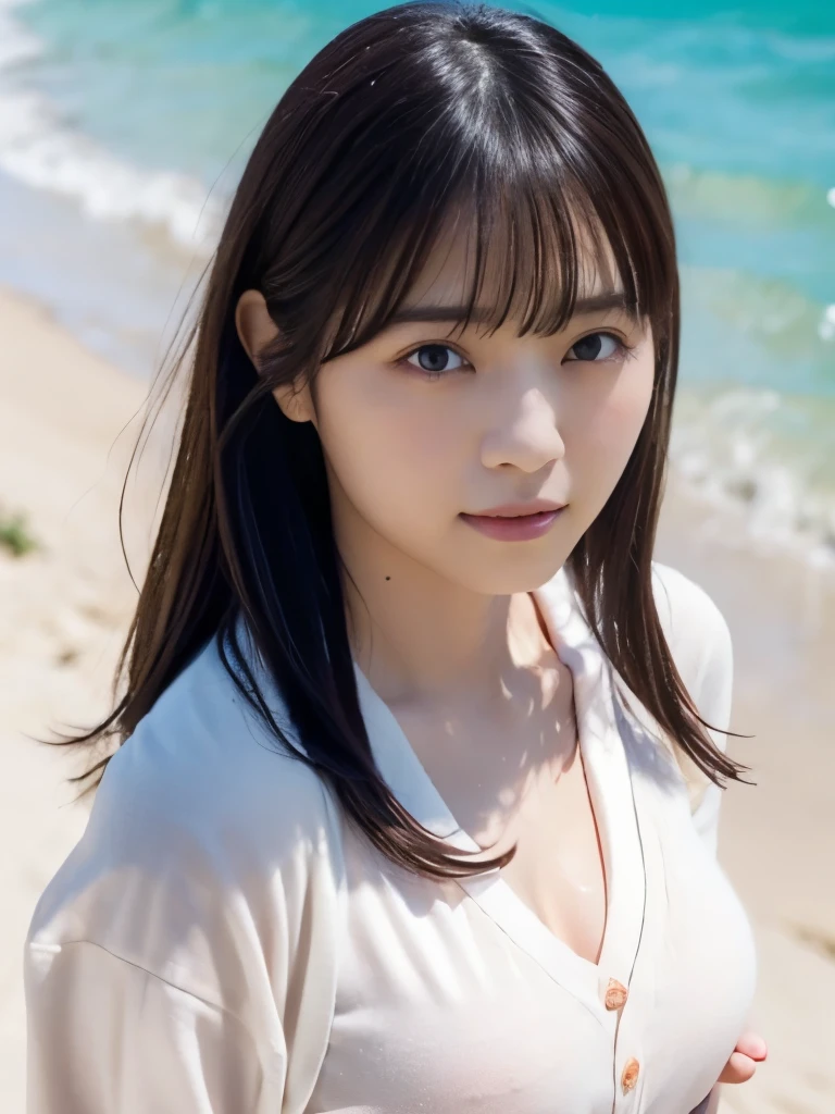 (RAW Photos: 1.2), (Realistic: 1.4), (highest quality: 1.4), Ultra-high resolution, (Fine Eyes),Nude Photos,Full body photo、Gravure photo,1. High school girl,(Large Breasts),You can see the chest、Black Hair,((White gathered blouse、pastel cardigan)),Bright Eyes,Blushing,smile,Highly detailed face and skin texture, Healthy Skin,(Beach),8K resolution