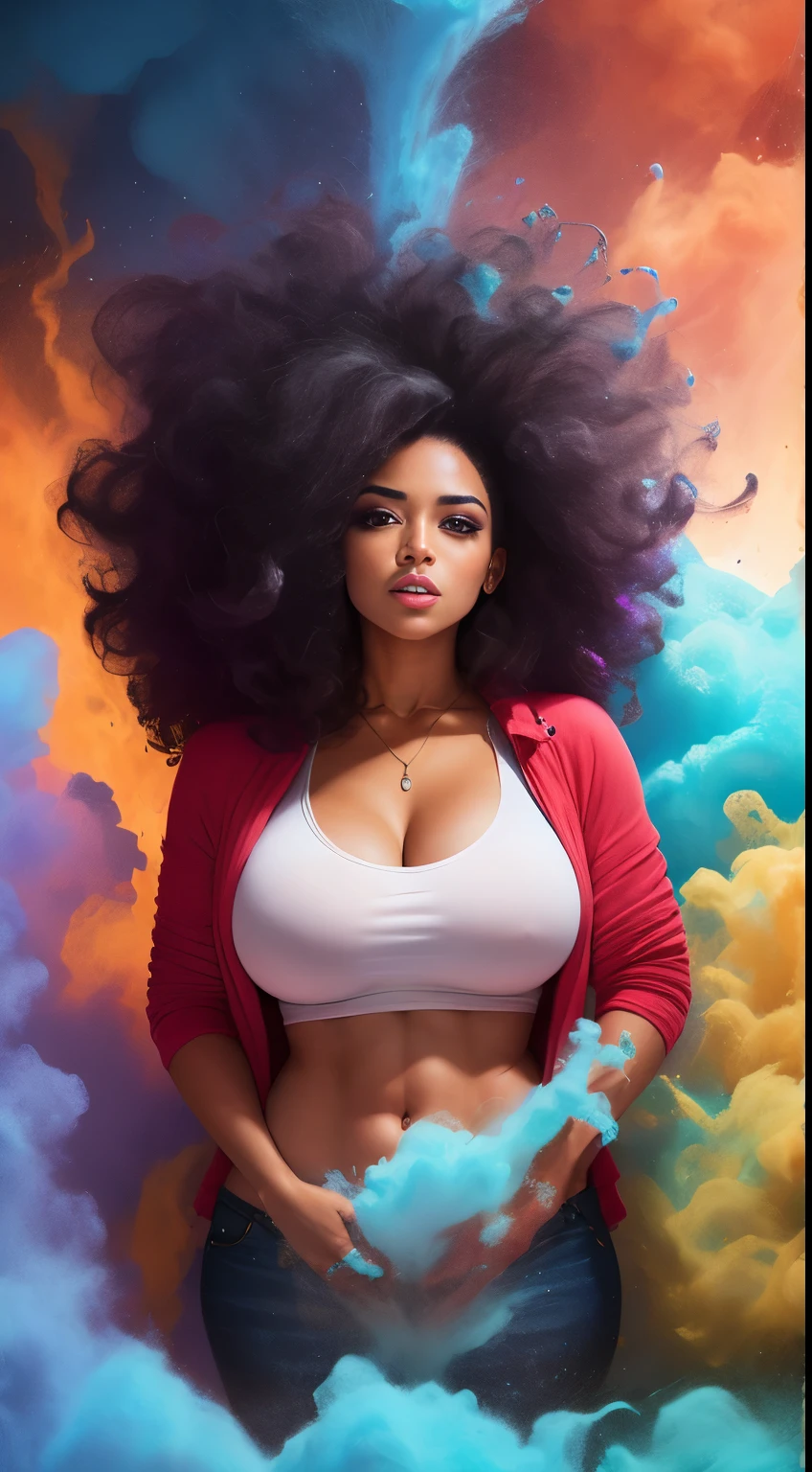 mulher sexy, seios grandes, athletic body, usando um moletom rosa aberto na frente, usando calcinha rosa, cabelo afro Explosive dust