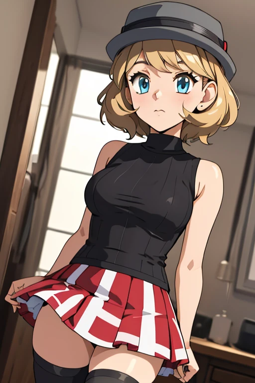 (masterpiece, best quality), 1girl,    pkmnserena, 1girl, solo, blue eyes, blonde hair, short hair, bangs, hat, grey headwear,, black shirt, turtleneck, sleeveless, red skirt, pleated skirt, black thighhighs,