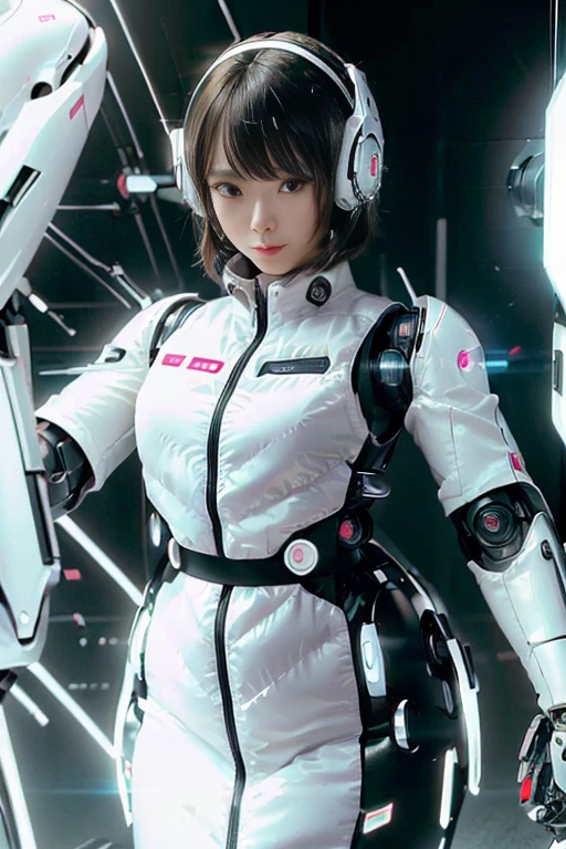 A girl in a futuristic bright white heavily armored robot suit takes a photo、perfect android girl, Female cyborg body, Perfect anime cyborg woman, Beautiful female android!, Female Robot, completely robot!! girl, Cute cyborg girl, Cyber Suit, Girl wearing mecha cybernetic armor, Cyber Suit, beutiful white girl cyborg, Beautiful female android, Beautiful girl cyborg、Cute cyborg girl with short bob hair、Beautiful android sculpture model、(Laughter)、((Rounded, white, sturdy armor))、(((Equipped with long sensor antennas on both ears)))、(((Robot Girl)))、(((Android girls)))、