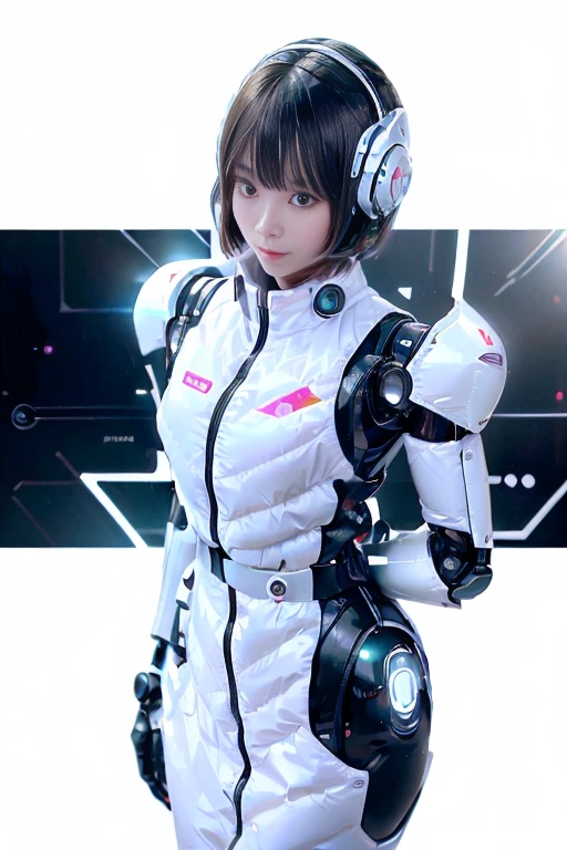 A girl in a futuristic bright white heavily armored robot suit takes a photo、perfect android girl, Female cyborg body, Perfect anime cyborg woman, Beautiful female android!, Female Robot, completely robot!! girl, Cute cyborg girl, Cyber Suit, Girl wearing mecha cybernetic armor, Cyber Suit, beutiful white girl cyborg, Beautiful female android, Beautiful girl cyborg、Cute cyborg girl with short bob hair、Beautiful android sculpture model、(Laughter)、((Rounded, white, sturdy armor))、(((Equipped with long sensor antennas on both ears)))、(((Robot Girl)))、(((Android girls)))、