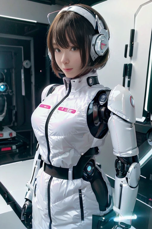 A girl in a futuristic bright white heavily armored robot suit takes a photo、perfect android girl, Female cyborg body, Perfect anime cyborg woman, Beautiful female android!, Female Robot, completely robot!! girl, Cute cyborg girl, Cyber Suit, Girl wearing mecha cybernetic armor, Cyber Suit, beutiful white girl cyborg, Beautiful female android, Beautiful girl cyborg、Cute cyborg girl with short bob hair、Beautiful android sculpture model、(Laughter)、((Rounded, white, sturdy armor))、(((Equipped with long sensor antennas on both ears)))、(((Robot Girl)))、(((Android girls)))、