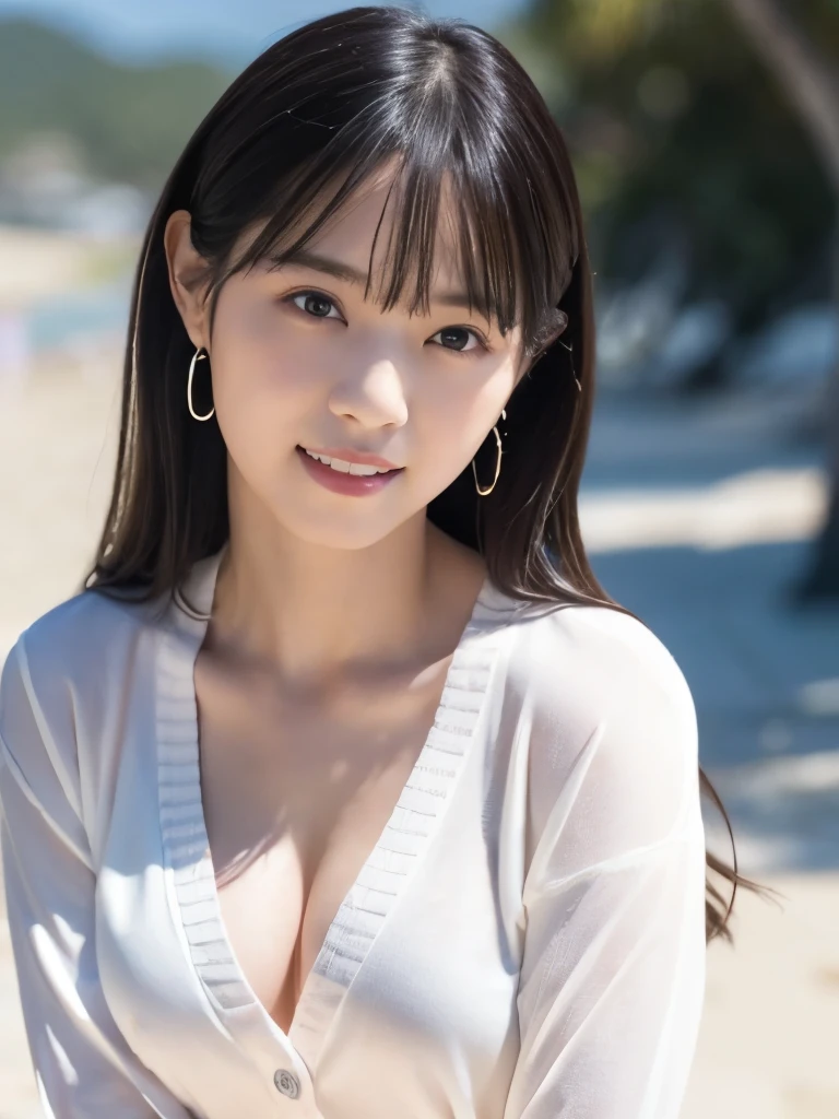 (RAW Photos: 1.2), (Realistic: 1.4), (highest quality: 1.4), Ultra-high resolution, (Fine Eyes),Nude Photos,Full body photo、Gravure photo,1. High school girl,(Large Breasts),You can see the chest、Black Hair,((White gathered blouse、pastel cardigan)),Bright Eyes,Blushing,smile,Highly detailed face and skin texture, Healthy Skin,(Beach),8K resolution
