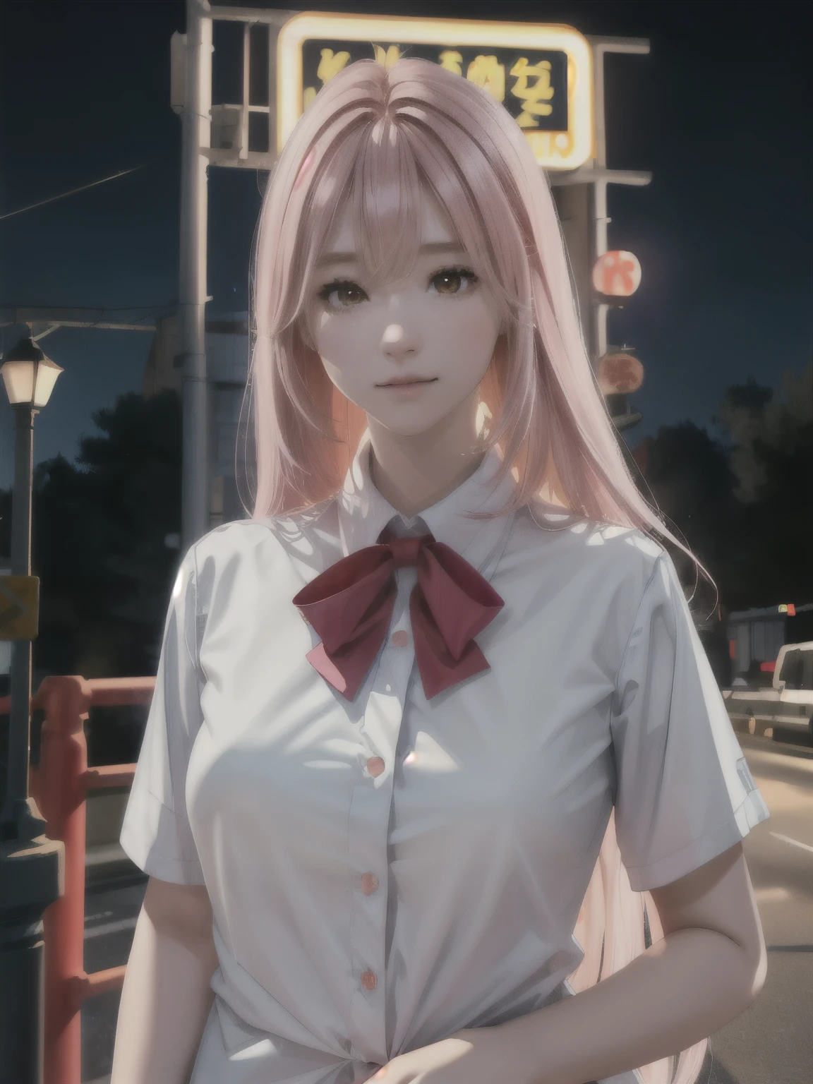 One girl, Long pink hair, Red Corner, White collared shirt, Black tie, A light smile, Yellow Eyes, Keratinous_force,, building,shop,Town Street, Dark Sky, scenery,Neon Signs,Night City, Japanese lyrics,, , Absurd, Fine grain, Very detailed, Volumetric lighting, Realistic, Realistic lighting, 8k, Cinema Lighting, Depth of written boundary, perfection, Super detailedな, photoRealistic, ultra Realistic, Realistic light, hard lighting, Intricate details, stop-motion, Tone Mapping, Sharp focus, Super detailed,