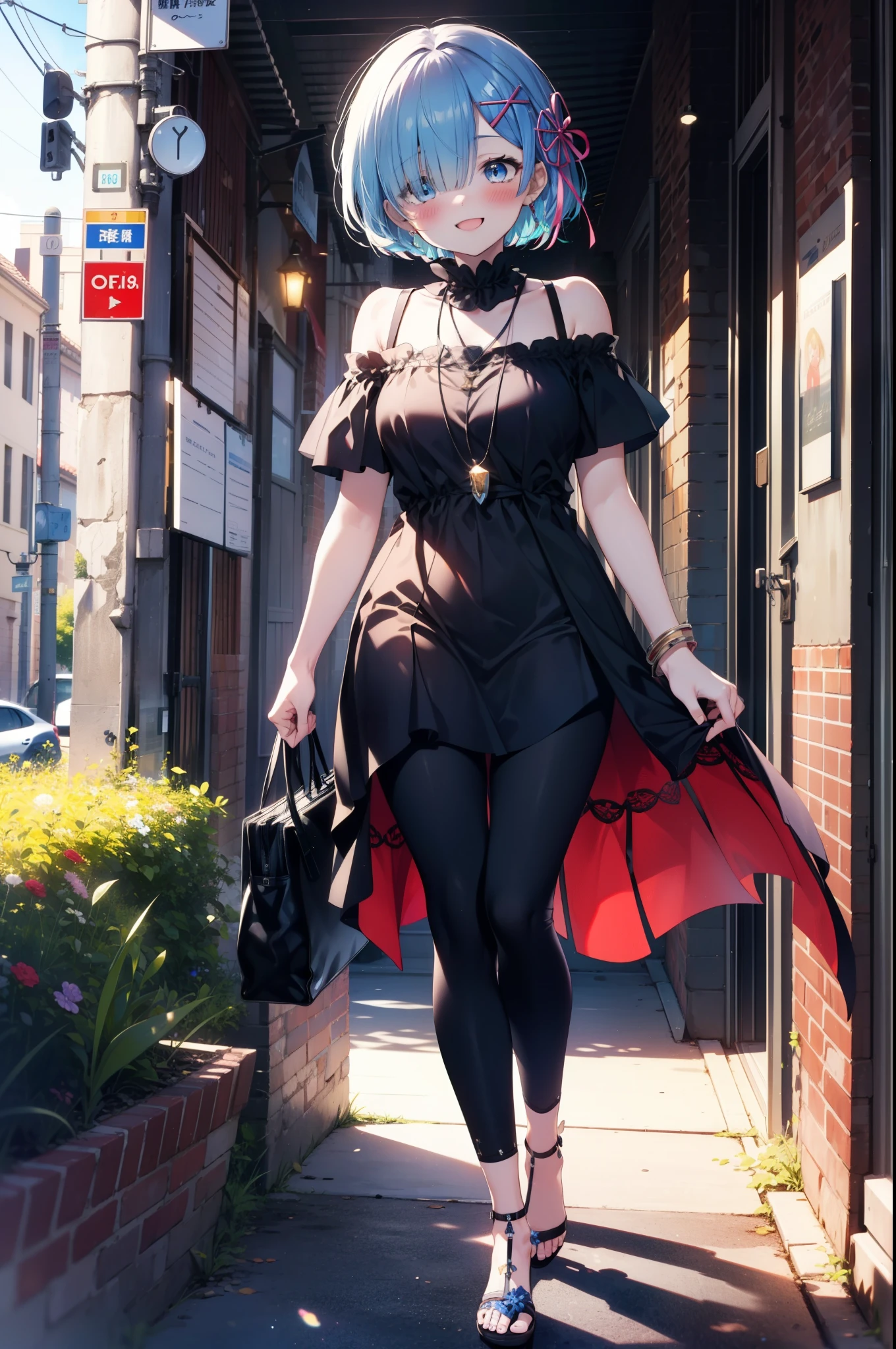 rezeroRem, Rem, blue eyes, Blue Hair, hair ornaments, Hair on one eye, hair ribbon, short hair, x hair ornaments,Rocket Pendant,happy smile, smile, Open your mouth,blush,Short sleeve,Cold shoulder dress,skinny pants,Stiletto heels,morning,morning陽,The sun is rising,Walking,whole bodyがイラストに入るように,
break outdoors, In town,Building district,
break looking at viewer, whole body,
break (masterpiece:1.2), highest quality, High resolution, unity 8k wallpaper, (figure:0.8), (Beautiful fine details:1.6), extRemely detailed face, Perfect lighting, extRemely detailed CG, (Perfect hands, Perfect Anatomy),