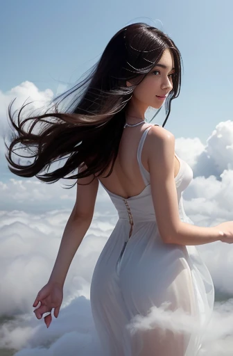 Best Quality, Ultra High Resolution, Masterpiece, Photo Realistic: 1.8), Pore, Precision, Alps, Vast Prailand, Sky High and Expansive Sky, White Clouds Above Your Head, Firmament, Face in the Center of Screen, Flaxen Tunic, Lace Breasts, Large Loose Open Chest, Small Breasts, Pale Light, Young Woman, Hair Tied Back, Dark Eyes, With a Happy Smile, Smile, Leaning forward, bending forward, bend at the waist, get glimpses of breast, detailed description, 23 years old, cute,