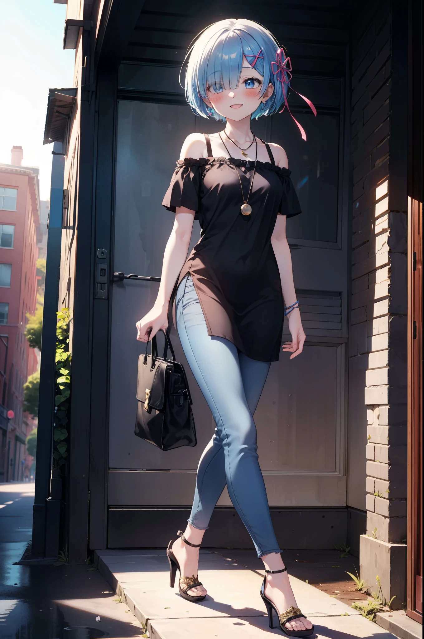 rezeroRem, Rem, blue eyes, Blue Hair, hair ornaments, Hair on one eye, hair ribbon, short hair, x hair ornaments,Rocket Pendant,happy smile, smile, Open your mouth,blush,Short sleeve,Cold shoulder dress,skinny pants,Stiletto heels,morning,morning陽,The sun is rising,Walking,whole bodyがイラストに入るように,
break outdoors, In town,Building district,
break looking at viewer, whole body,
break (masterpiece:1.2), highest quality, High resolution, unity 8k wallpaper, (figure:0.8), (Beautiful fine details:1.6), extRemely detailed face, Perfect lighting, extRemely detailed CG, (Perfect hands, Perfect Anatomy),