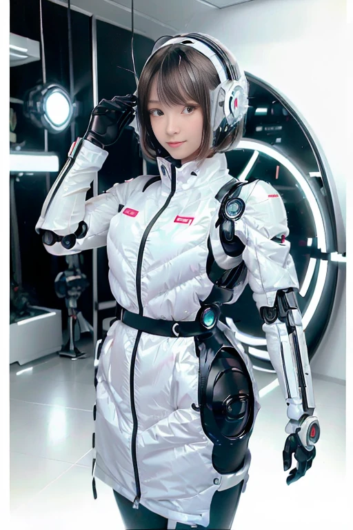 A girl in a futuristic bright white heavily armored robot suit takes a photo、perfect android girl, Female cyborg body, Perfect anime cyborg woman, Beautiful female android!, Female Robot, completely robot!! girl, Cute cyborg girl, Cyber Suit, Girl wearing mecha cybernetic armor, Cyber Suit, beutiful white girl cyborg, Beautiful female android, Beautiful girl cyborg、Cute cyborg girl with short bob hair、Beautiful android sculpture model、(Laughter)、((Rounded, white, sturdy armor))、(((Equipped with long sensor antennas on both ears)))、(((Robot Girl)))、(((Android girls)))、