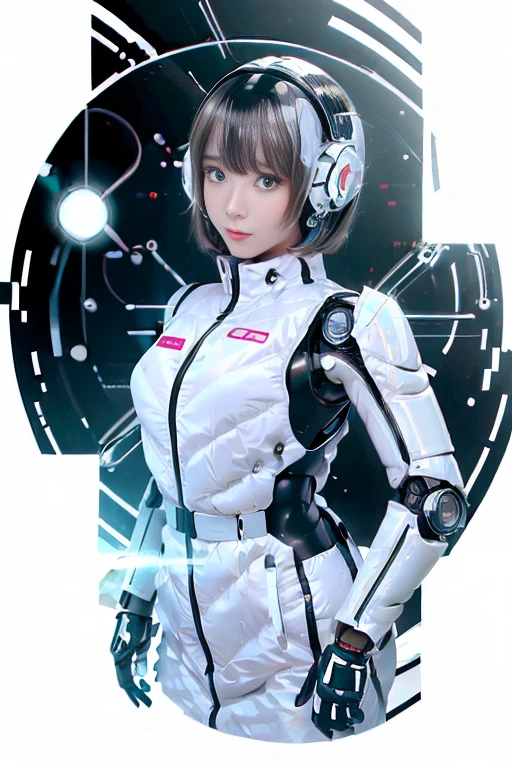 A girl in a futuristic bright white heavily armored robot suit takes a photo、perfect android girl, Female cyborg body, Perfect anime cyborg woman, Beautiful female android!, Female Robot, completely robot!! girl, Cute cyborg girl, Cyber Suit, Girl wearing mecha cybernetic armor, Cyber Suit, beutiful white girl cyborg, Beautiful female android, Beautiful girl cyborg、Cute cyborg girl with short bob hair、Beautiful android sculpture model、(Laughter)、((Rounded, white, sturdy armor))、(((Equipped with long sensor antennas on both ears)))、(((Robot Girl)))、(((Android girls)))、