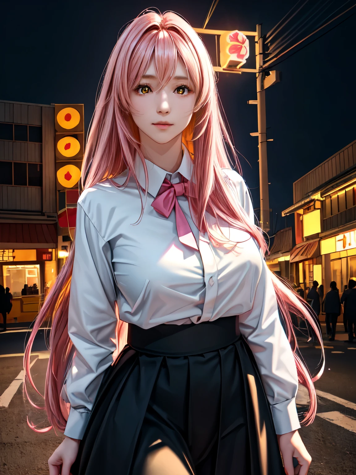 One girl, Long pink hair, Red Corner, White collared shirt, Black tie, A light smile, Yellow Eyes, Keratinous_force,, building,shop,Town Street, Dark Sky, scenery,Neon Signs,Night City, Japanese lyrics,, , Absurd, Fine grain, Very detailed, Volumetric lighting, Realistic, Realistic lighting, 8k, Cinema Lighting, Depth of written boundary, perfection, Super detailedな, photoRealistic, ultra Realistic, Realistic light, hard lighting, Intricate details, stop-motion, Tone Mapping, Sharp focus, Super detailed,