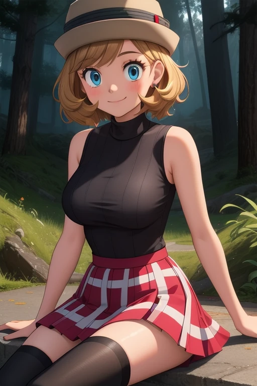 pkmnserena, 1girl, solo, blue eyes, blonde hair, short hair, bangs, hat, grey headwear,
black shirt, turtleneck, sleeveless, red skirt, pleated skirt, black thighhighs,
smile,closed mouth,cowboy shot,sitting,
forest,outdoor,
(insanely detailed, beautiful detailed face, masterpiece, best quality) cinematic lighting,