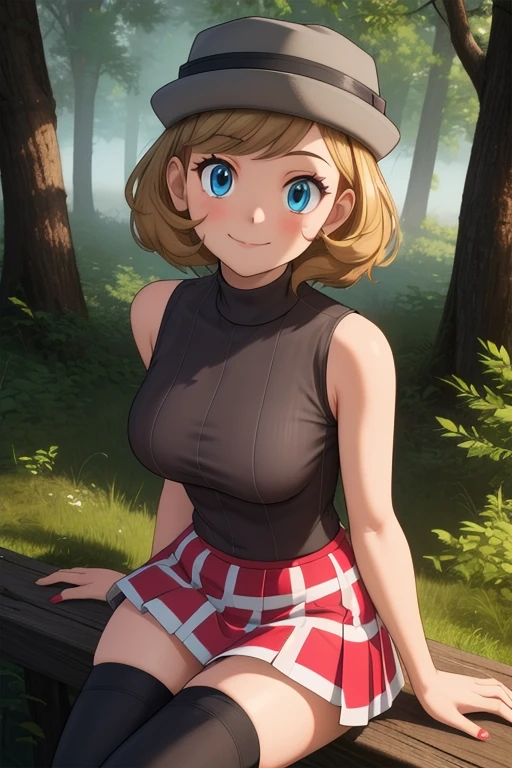 pkmnserena, 1girl, solo, blue eyes, blonde hair, short hair, bangs, hat, grey headwear,
black shirt, turtleneck, sleeveless, red skirt, pleated skirt, black thighhighs,
smile,closed mouth,cowboy shot,sitting,
forest,outdoor,
(insanely detailed, beautiful detailed face, masterpiece, best quality) cinematic lighting,