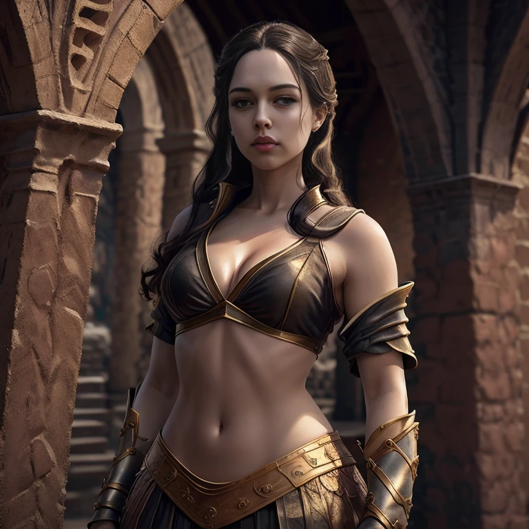 score_9, score_8_up, score_7_up, score_6_up, score_5_up, Oracle Pythia from Game of Thrones, black hair, sexy, extremely detailed artgerm, in medieval guard uniform posing, midriff, cleavage, (masterpiece, best quality:1.2), Next to a garden, flowers, beautiful, medieval, (insanely detailed, beautiful detailed, masterpiece, best quality), (insanely detailed, masterpiece, best quality)
