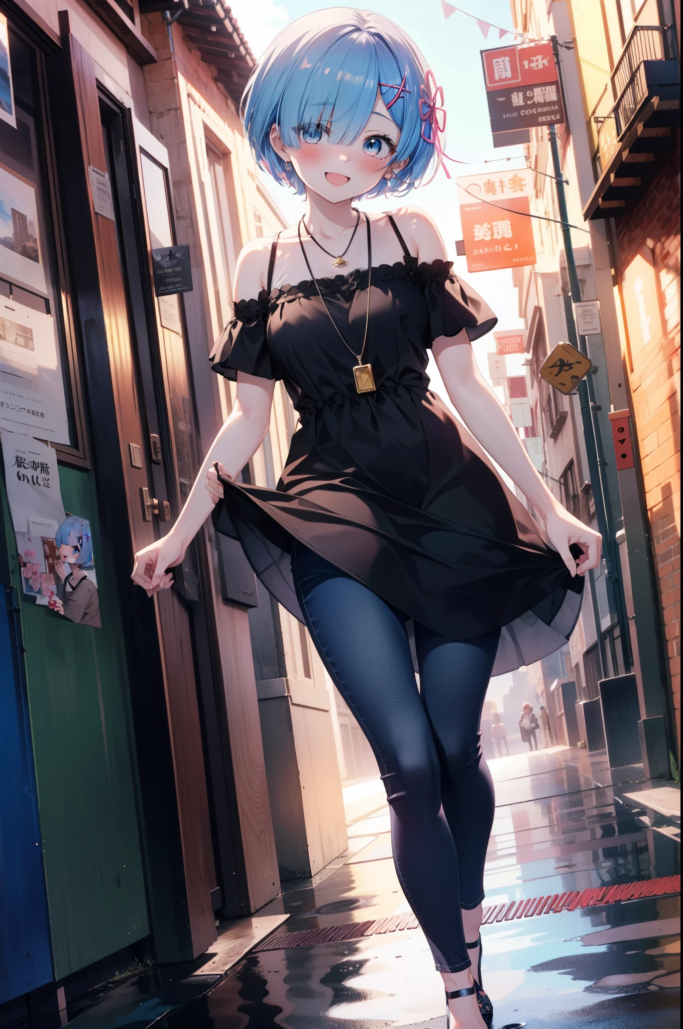 rezeroRem, Rem, blue eyes, Blue Hair, hair ornaments, Hair on one eye, hair ribbon, short hair, x hair ornaments,Rocket Pendant,happy smile, smile, Open your mouth,blush,Short sleeve,Cold shoulder dress,skinny pants,Stiletto heels,morning,morning陽,The sun is rising,Walking,whole bodyがイラストに入るように,
break outdoors, In town,Building district,
break looking at viewer, whole body,
break (masterpiece:1.2), highest quality, High resolution, unity 8k wallpaper, (figure:0.8), (Beautiful fine details:1.6), extRemely detailed face, Perfect lighting, extRemely detailed CG, (Perfect hands, Perfect Anatomy),