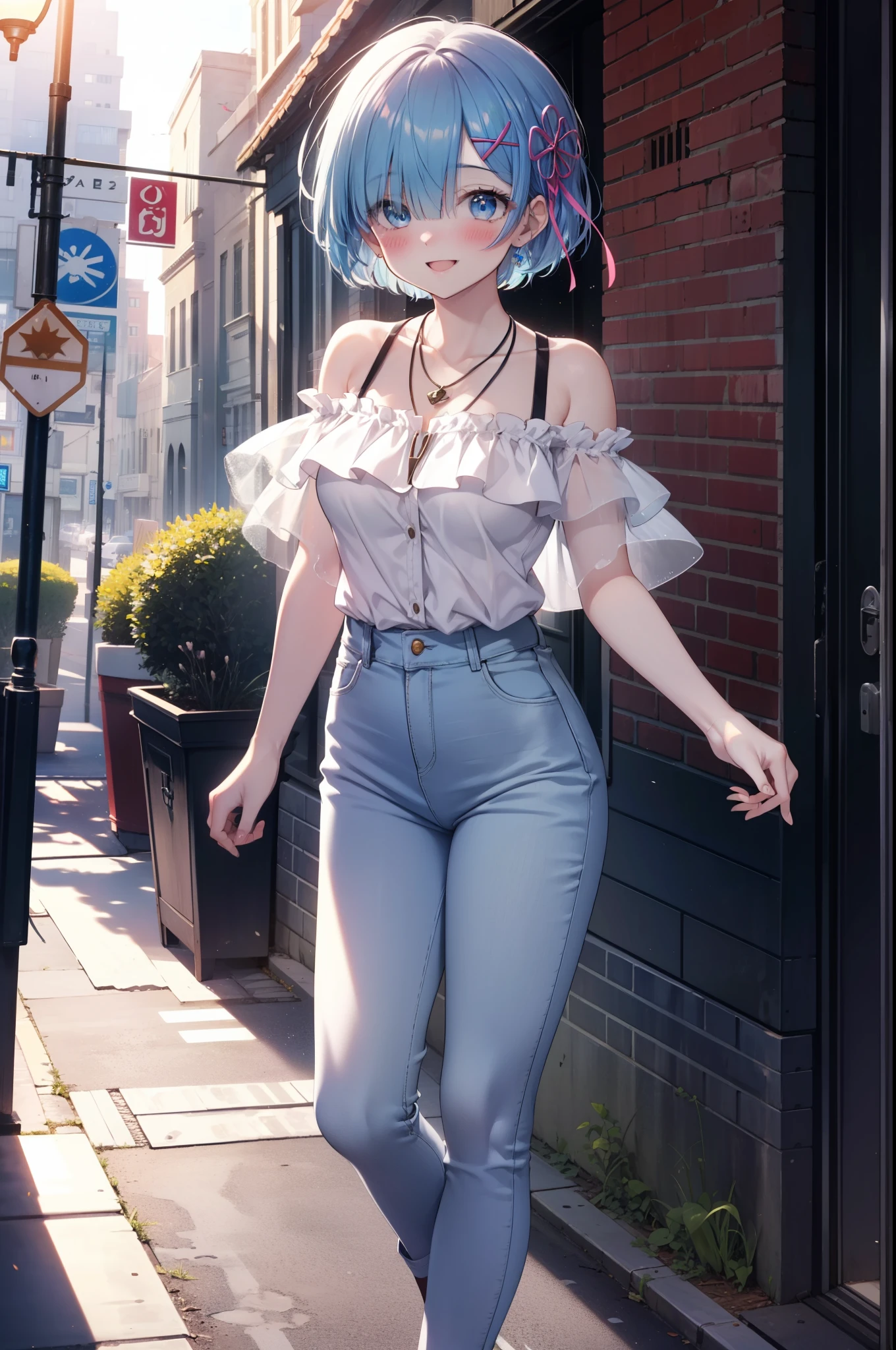 rezeroRem, Rem, blue eyes, Blue Hair, hair ornaments, Hair on one eye, hair ribbon, short hair, x hair ornaments,Rocket Pendant,happy smile, smile, Open your mouth,blush,Short sleeve,Cold shoulder dress,skinny pants,Stiletto heels,morning,morning陽,The sun is rising,Walking,whole bodyがイラストに入るように,
break outdoors, In town,Building district,
break looking at viewer, whole body,
break (masterpiece:1.2), highest quality, High resolution, unity 8k wallpaper, (figure:0.8), (Beautiful fine details:1.6), extRemely detailed face, Perfect lighting, extRemely detailed CG, (Perfect hands, Perfect Anatomy),