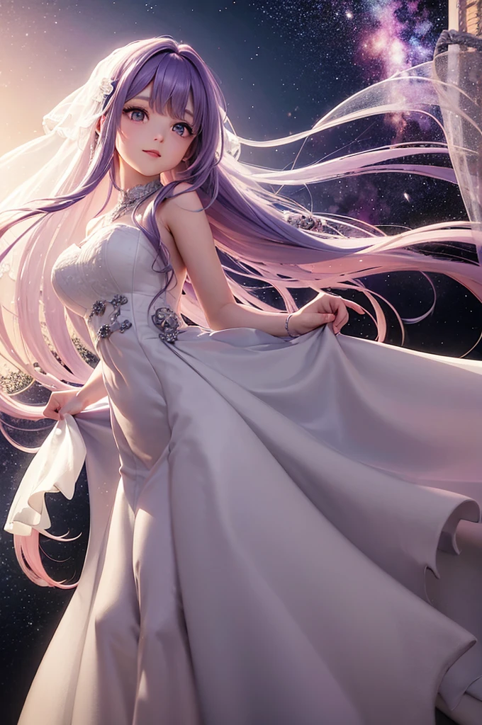 Pastel purple hair　Wavy Long Hair　Purple Eyes　Beauty　wedding　White Dress　has white flowers　Night Sky　Beautiful expression