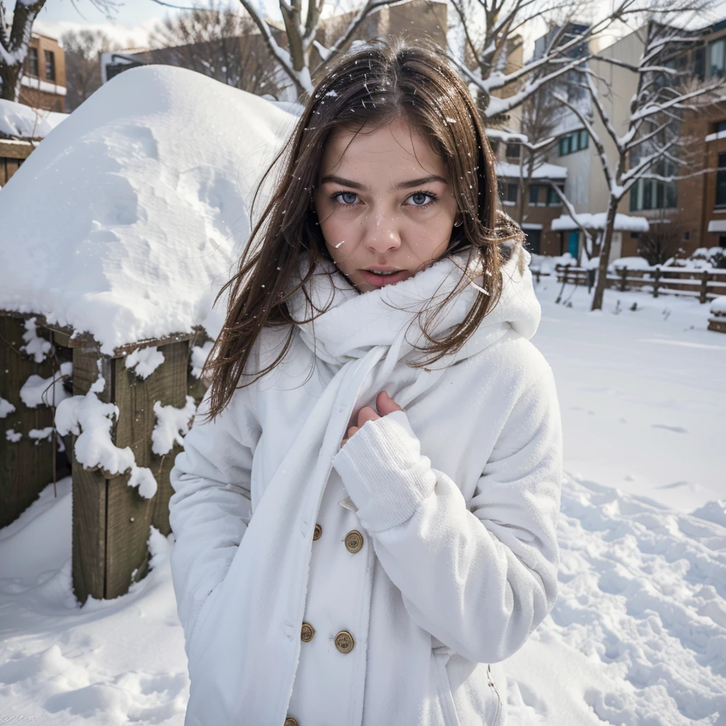 winter, landscape, snow, cold, trembling, snot, breath, runny nose, outdoors,  1girl, solo, milla maxwell, highres, absurdres,