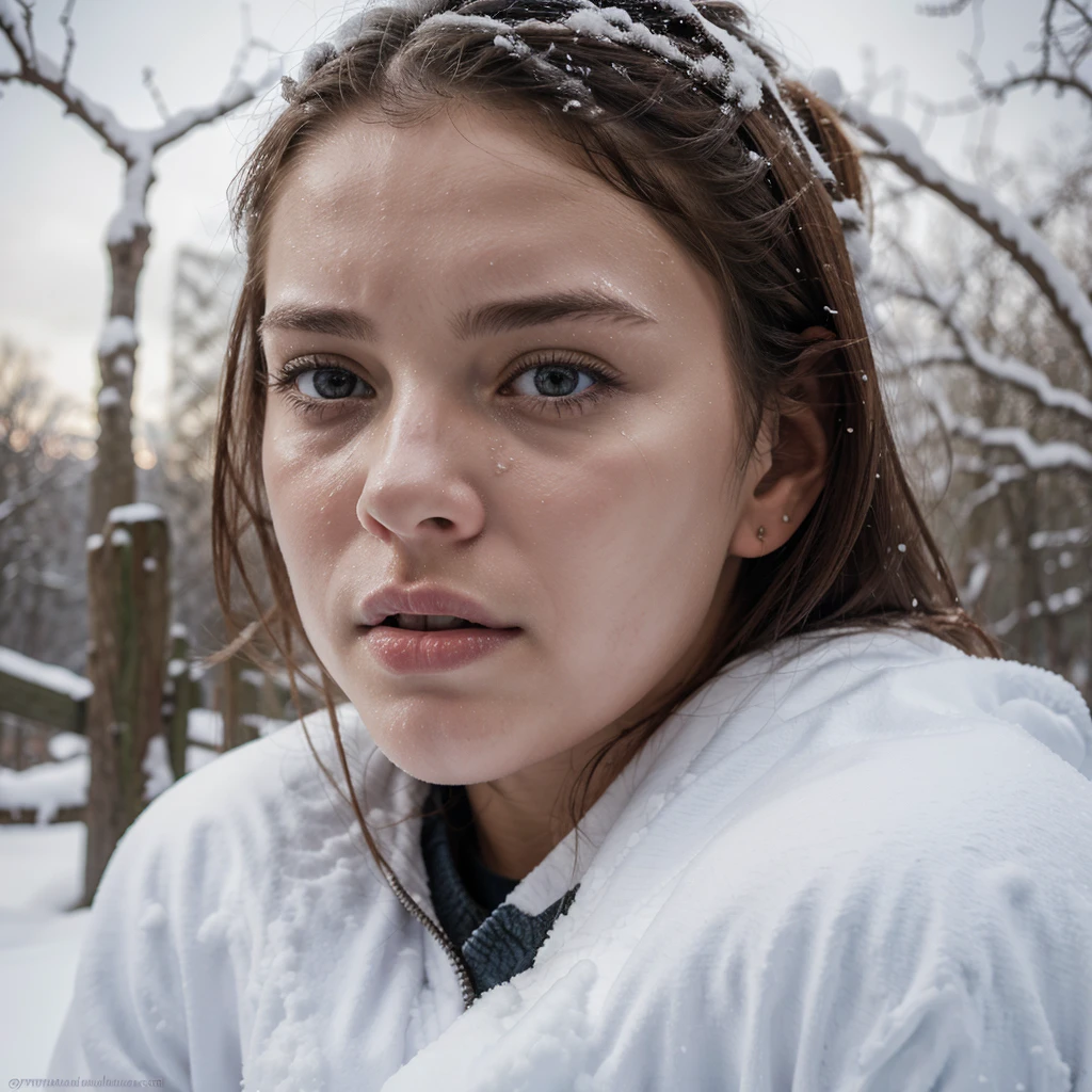 winter, landscape, snow, cold, trembling, snot, breath, runny nose, outdoors,  1girl, solo, milla maxwell, highres, absurdres,