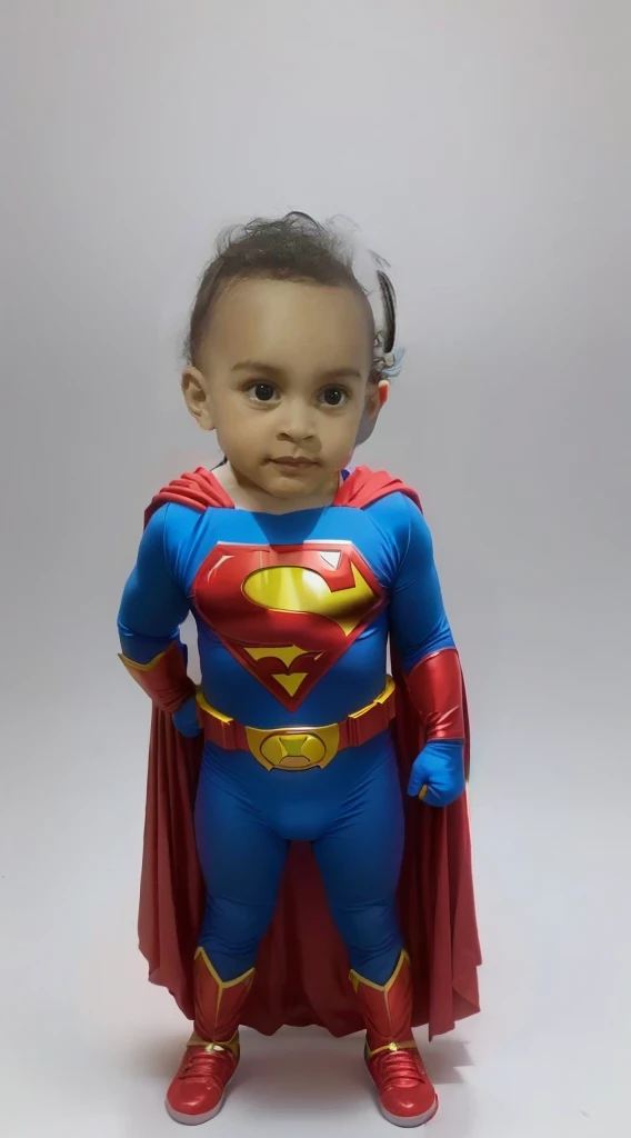 a close up of a baby dressed in a Super homen costume, Super homen costume, Super homen, Super heroi costume, Super heroi, Super homen pose, wearing hero costume, traje de alta qualidade, Supermodelo, super garota, posing like a superhero, traje completo, superhero girl, puerto rican Super heroi, Super heroi pose, super adorable, superhero body, boys tv show superhero