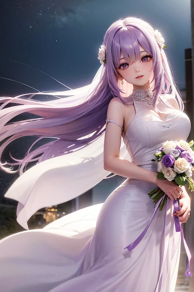 Pastel purple hair　Wavy Long Hair　Purple Eyes　Beauty　wedding　White Dress　has white flowers　Night Sky　Beautiful expression　Phenomenal Light