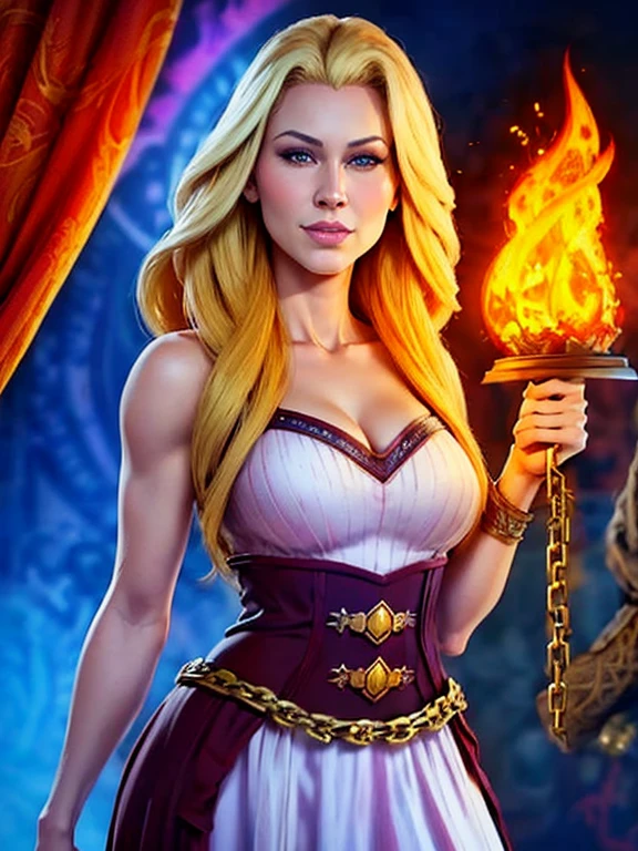 blonde woman in a white dress with chains and fire, epic fantasy style digital art, hot Fire Goddess, epic fantasy digital art, 4K fantasy art, epic fantasy art style hd, beautiful digital art, Art Style epic fantasy, karol bak uhd, epic fantasy style art, Fire Goddess, urban fantasy stylized art, Fire Goddess, 8k, Disney Pixar