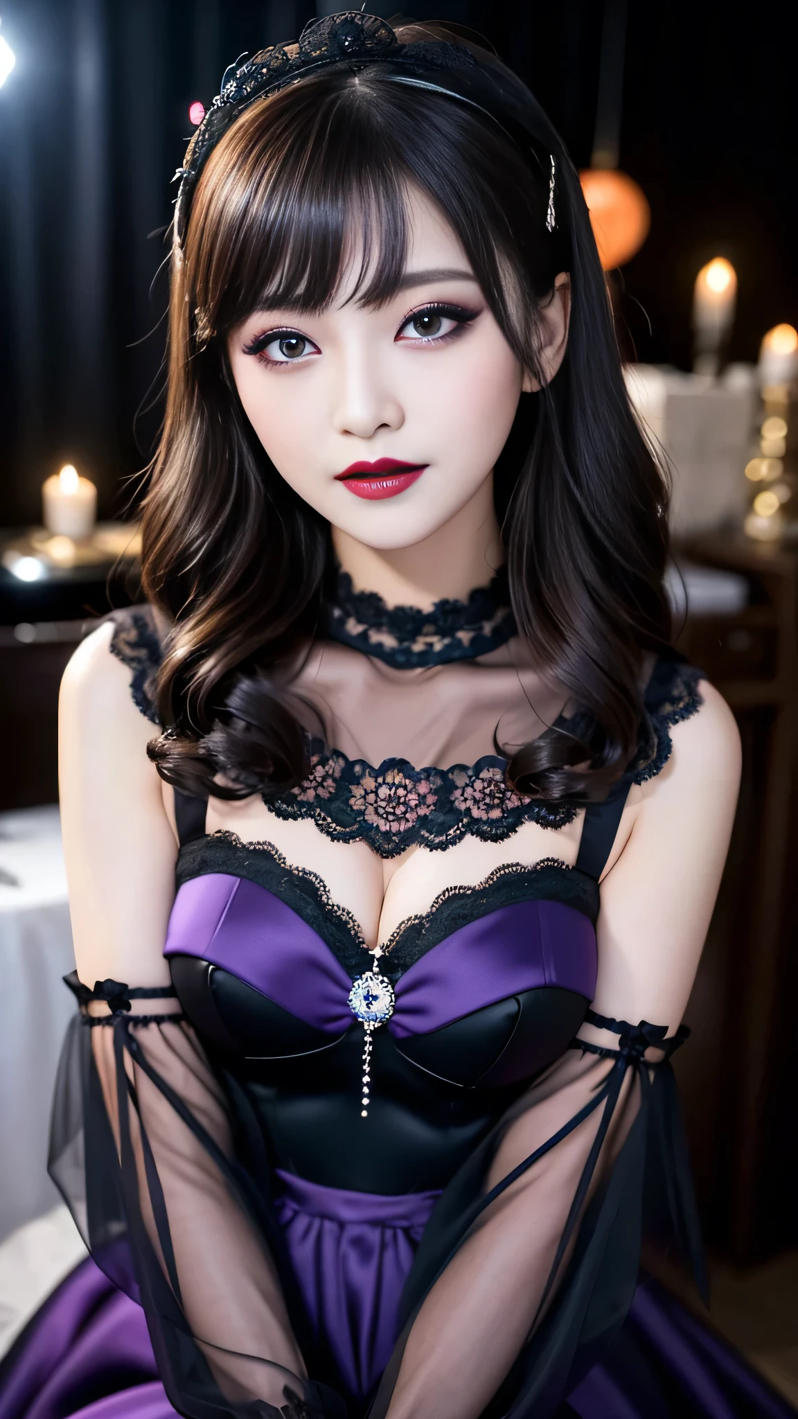 best quality、ultra-detailed、4k、Japanese、Seductive beauty、seductive adult woman、Pretty Woman、cool girl、Villainess、Brainwashed、brainwash、Fallen into evil、smirk、Evil look、Wicked Smile、evil、Brown hair、wavy hair、swept bangs、dark makeup、dark makeup、piercing eyes、hollow eyes,half-closed eyes、Hollow Eyes、purple Eyeshadow、black lipstick、black lipglos、Lace fabric、blue party dress、Wide sleeves、stockings、pantyhose、night、inside darkroom、Are standing、shoot from below、Make up、Makeup brushes、Have lipstick、Swear allegiance、I have pledged my allegiance、Seduce、