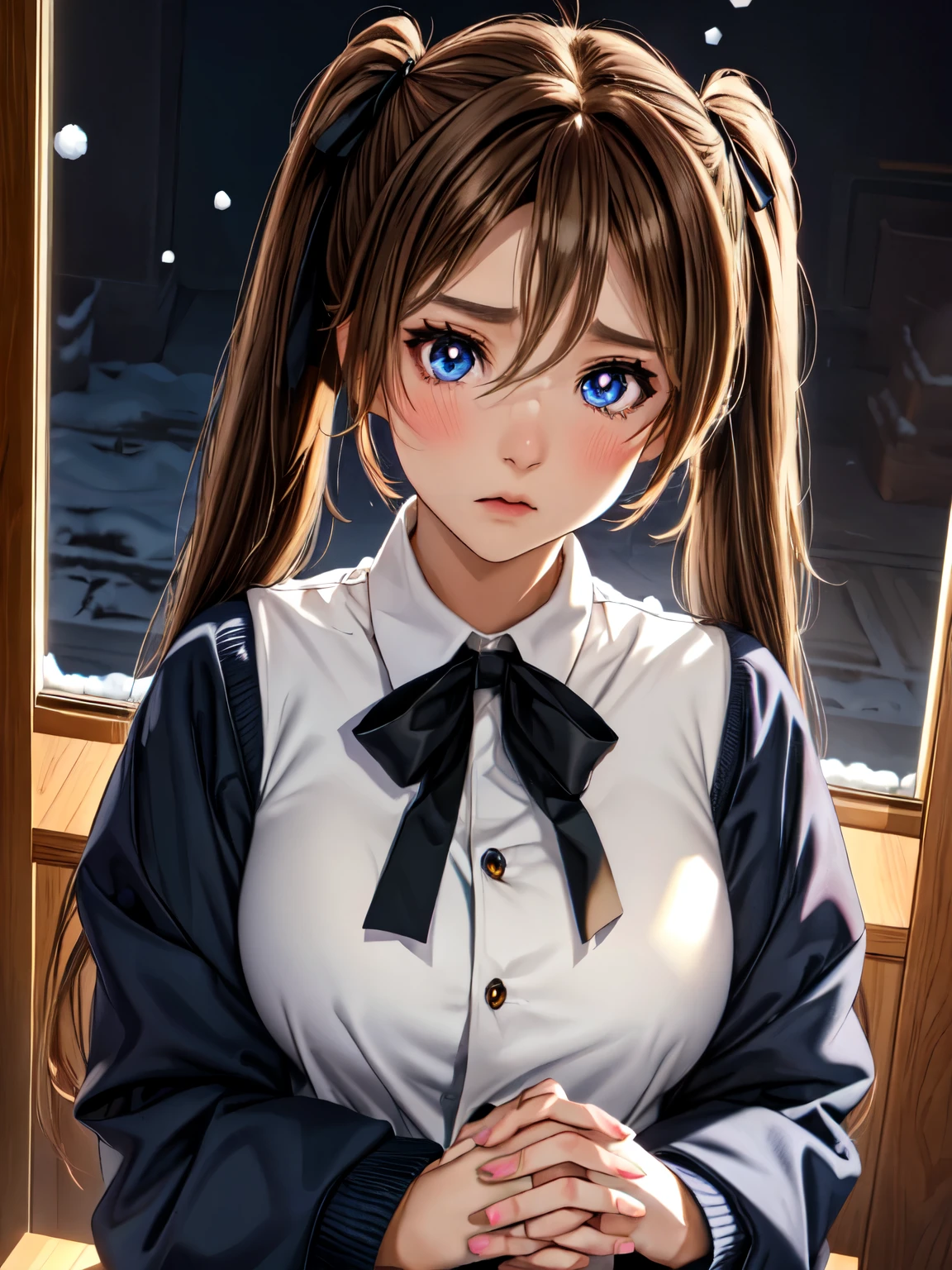 Starry Eyes, Looks even more beautiful than immortal, Ahoge, hair, Star-shaped pupils, Amber Eyes, Colored contact lenses, blush, High detail, anime, Romanticism, Modern, Gothic art, anime style, Cinema Lighting, Ray Tracing, Motion Ry, close, Sony FEGM, Ultra-high resolution, High detail, highest quality, 8k, Big Breasts, light brown hair, Have, Twin tails, Clean your fingers, Well-formed fingers, Long jacket, ribbon, mystery, knitted Have, snow, anger, impatience