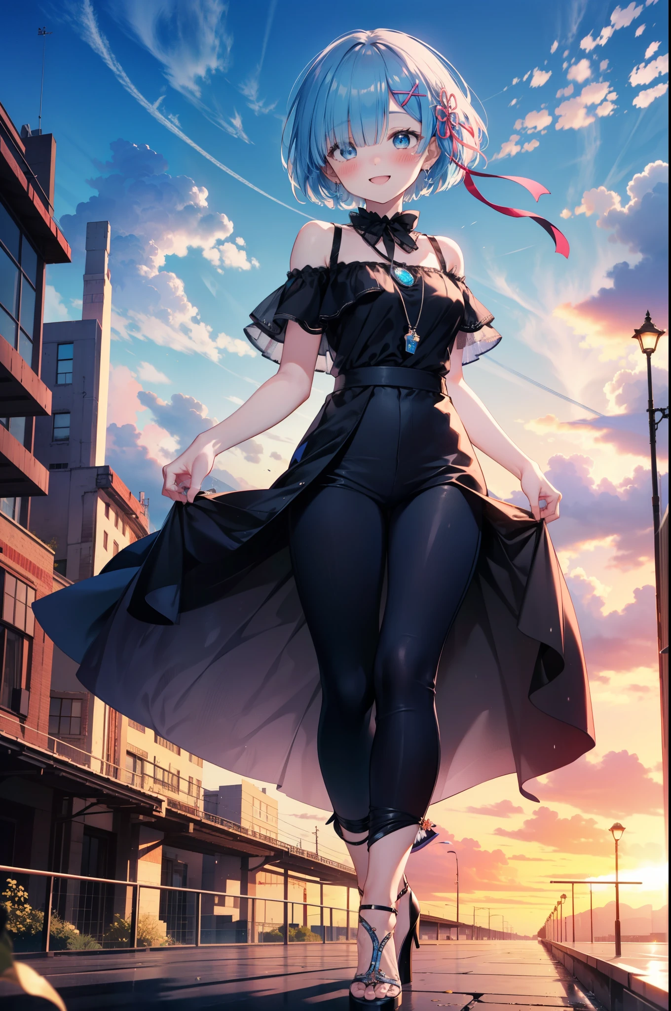 rezeroRem, Rem, blue eyes, Blue Hair, hair ornaments, Hair on one eye, hair ribbon, short hair, x hair ornaments,Rocket Pendant,happy smile, smile, Open your mouth,blush,Short sleeve,Cold shoulder dress,skinny pants,Stiletto heels,morning,morning陽,The sun is rising,Walking,whole bodyがイラストに入るように,
break outdoors, In town,Building district,
break looking at viewer, whole body,
break (masterpiece:1.2), highest quality, High resolution, unity 8k wallpaper, (figure:0.8), (Beautiful fine details:1.6), extRemely detailed face, Perfect lighting, extRemely detailed CG, (Perfect hands, Perfect Anatomy),