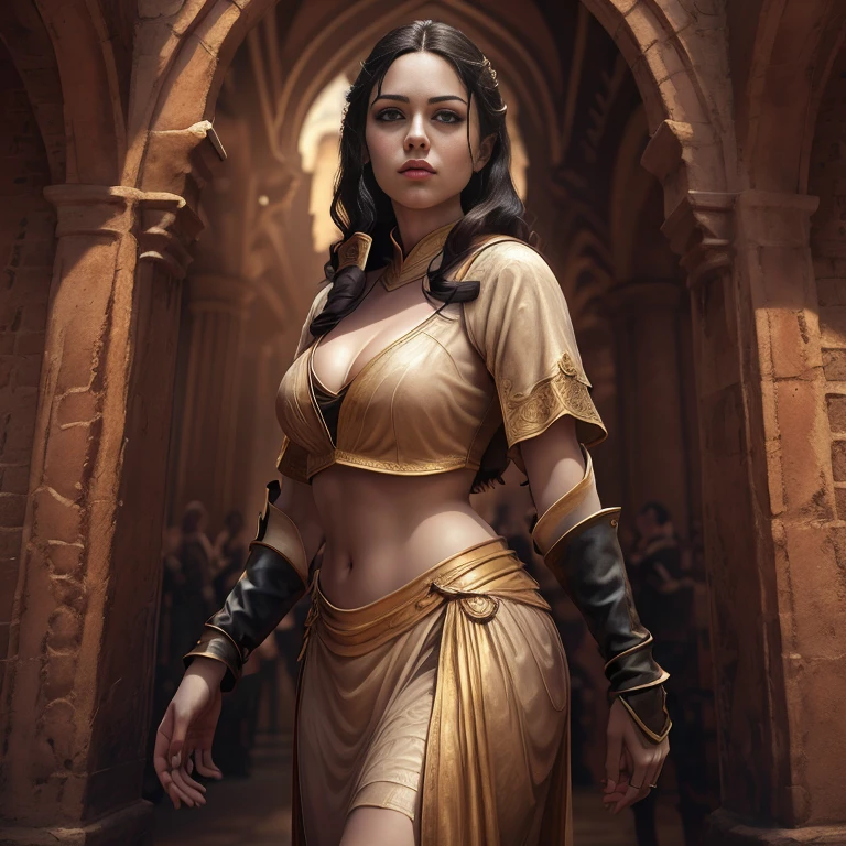 score_9, score_8_up, score_7_up, score_6_up, score_5_up, Oracle Pythia from Game of Thrones, black hair, hair on shoulders, sexy, extremely detailed artgerm, in medieval guard uniform posing, midriff, cleavage, (masterpiece, best quality:1.2), Next to a garden, flowers, beautiful, medieval, (insanely detailed, beautiful detailed, masterpiece, best quality), (insanely detailed, masterpiece, best quality)  